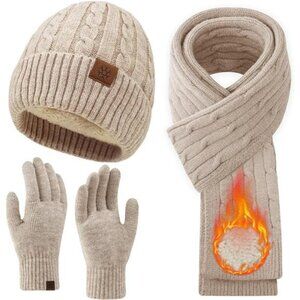 Womens Winter Hat Scarf Gloves Set Knit Fleece Lined Touch Screen Cold Weather